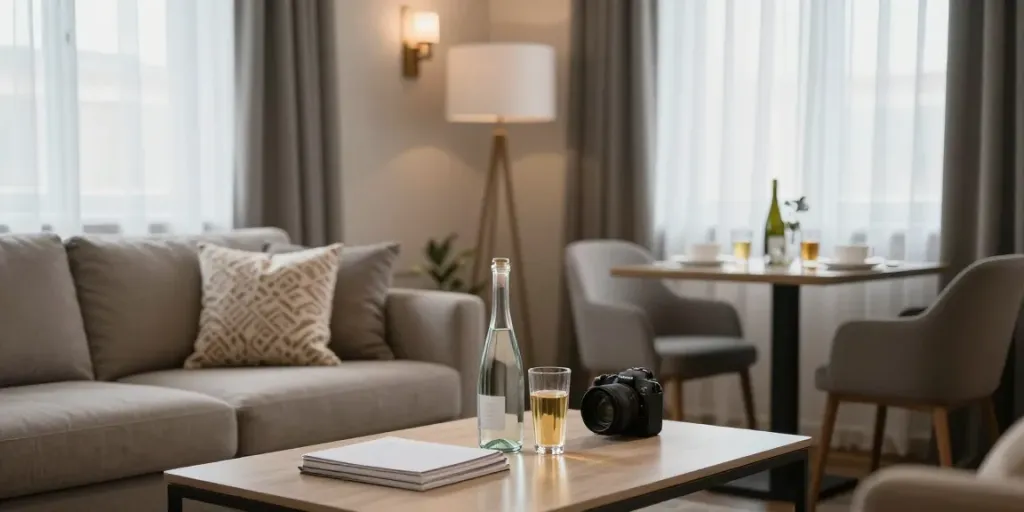 Elegant living space in a discreet apartment in Kiryat, ideal for private relaxation.