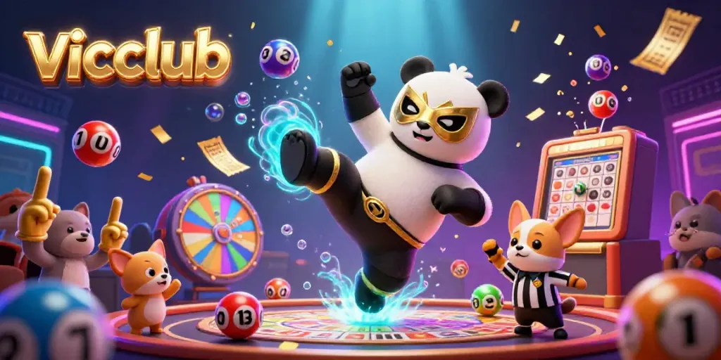 Experience excitement with vicclub's lively 3D scene featuring the animated panda wrestler and animal crowd, all surrounded by gambling elements.