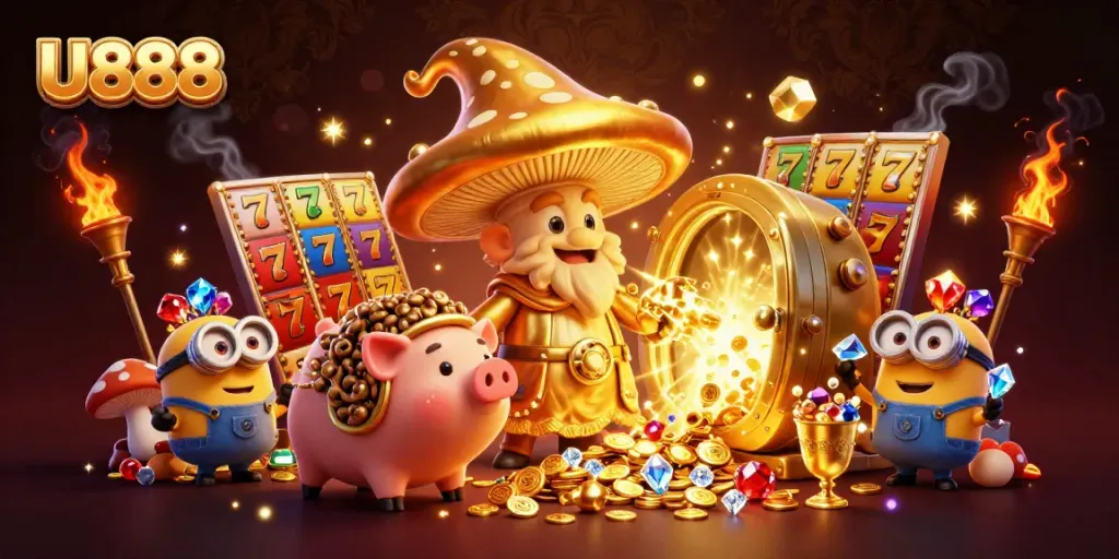 Spin reels and win big with U888's vibrant slot scene featuring treasure and gold.
