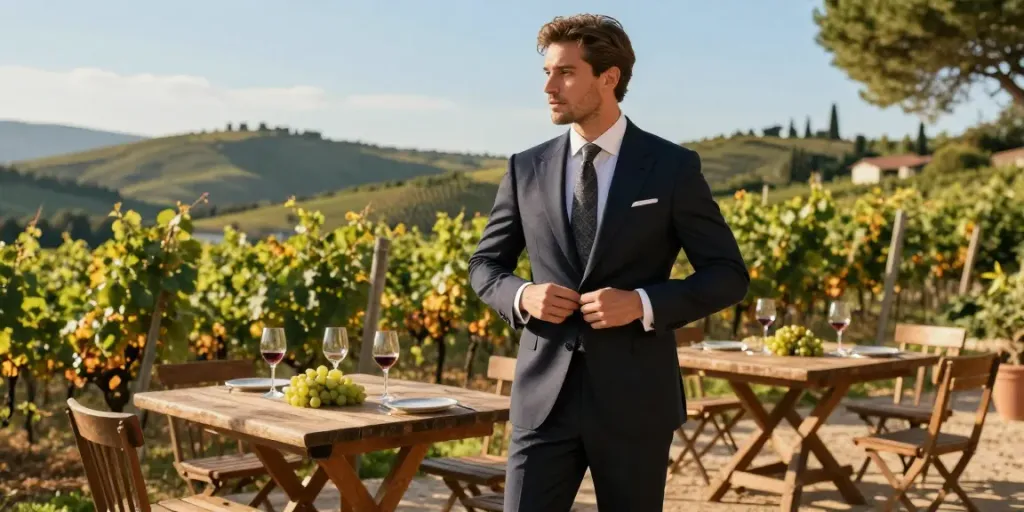 Elegant man showcasing Men's Classic Clothing in a vineyard setting, exuding style and confidence.