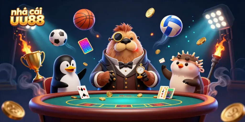 Experience the excitement of nhà cái uu88 with an underwater poker scene featuring a jolly walrus and friends.