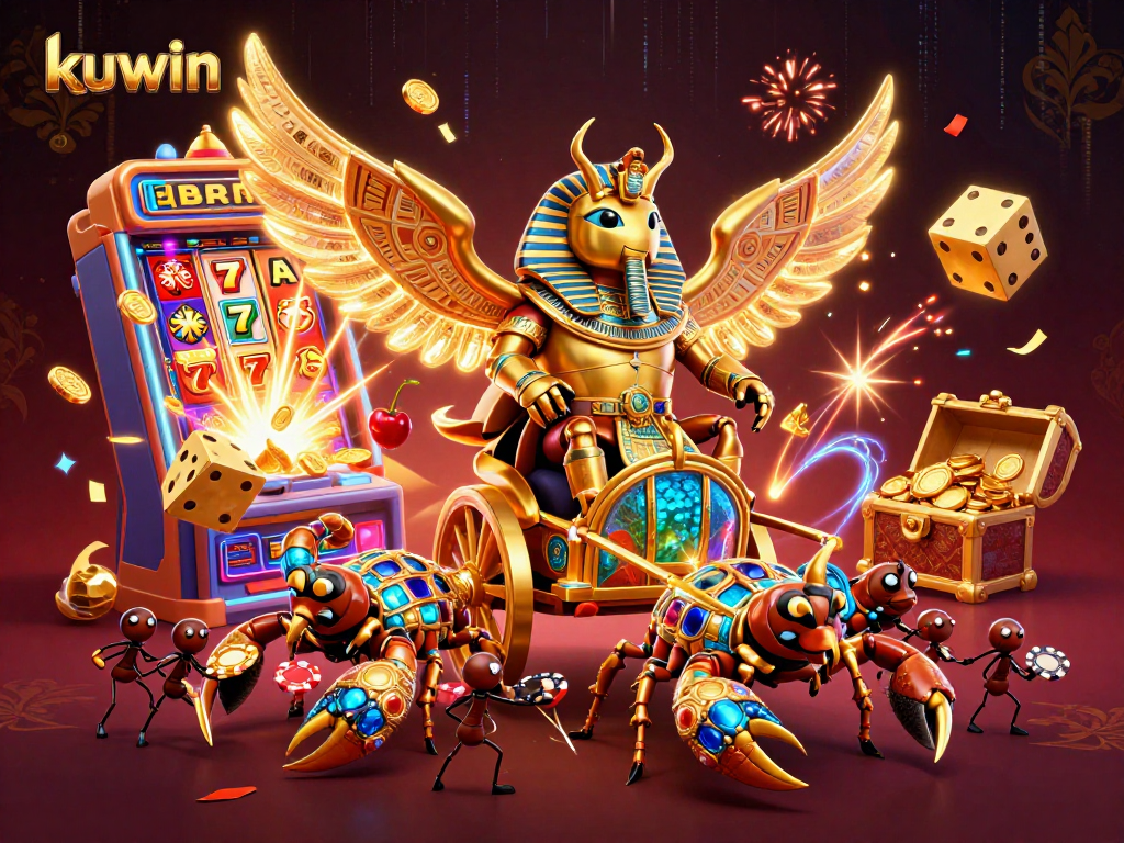 kuwin offers thrilling gameplay with a golden scarab beetle, vibrant slot machine, and poker elements.