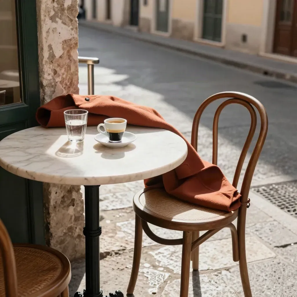 Tavolino di caffè a Monti con espresso, acqua, cappotto piegato e sedia vuota al sole