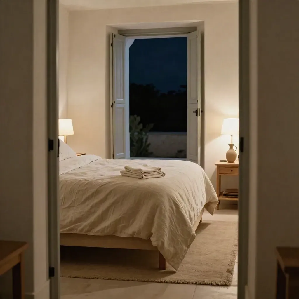 Camera boutique con letto di lino sfatto, tavolino in rovere e caraffa sotto luce calda