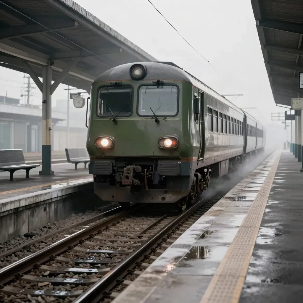 Naso di treno regionale entra in stazione fredda con vapore e binari lucidi.