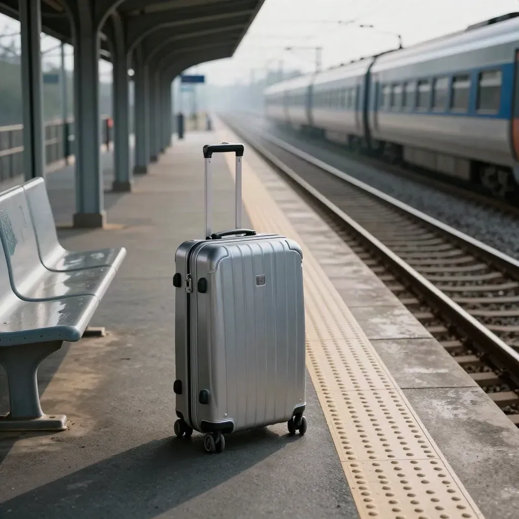 Valigia argentata su un marciapiede ferroviario, treni sfocati e binari in fuga