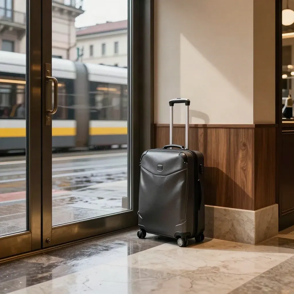 Lobby milanese con valigia vicino alla porta e tram sfocati fuori sotto la pioggia