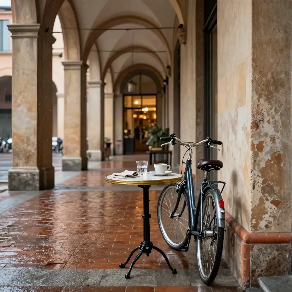 Portico di Bologna con tavolino apparecchiato e bicicletta riparata sotto l’arcata, pioggia leggera