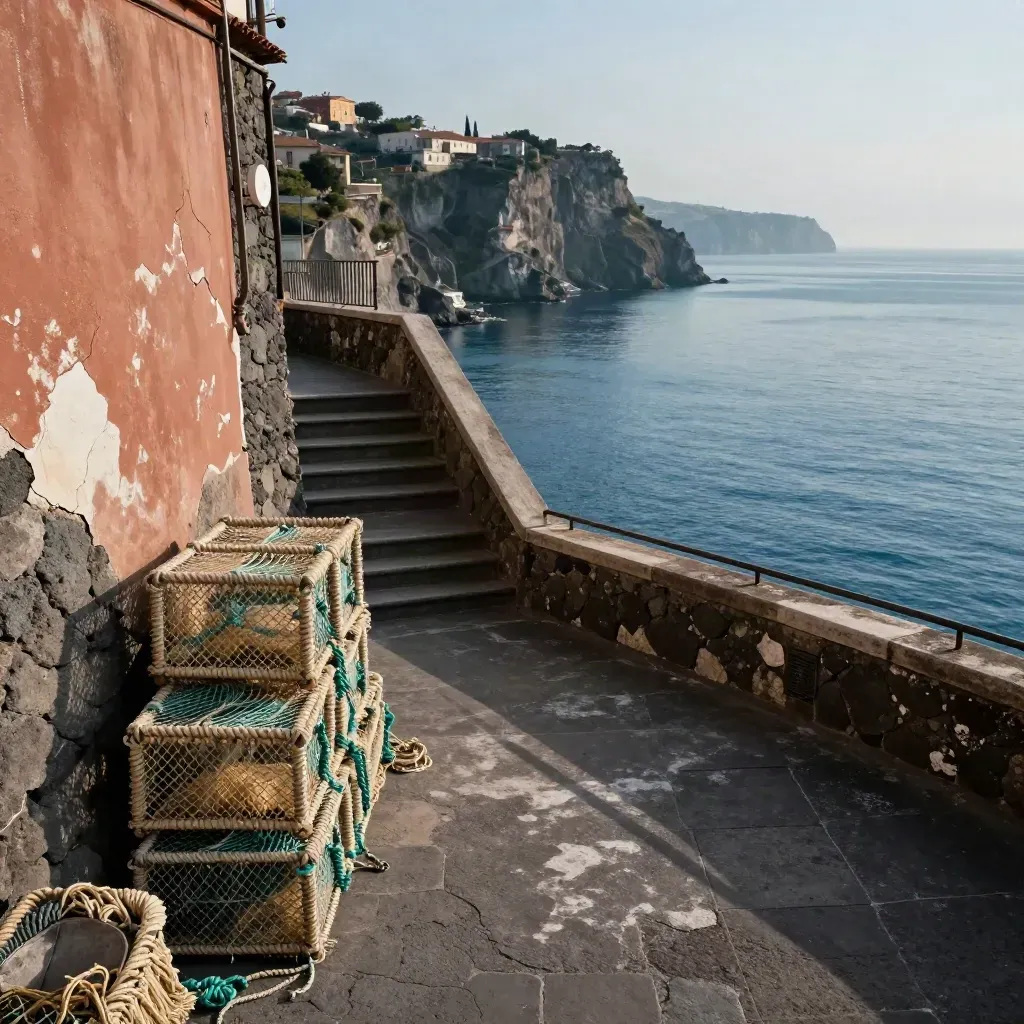 Scalinata metro e reti da pesca su una strada di Napoli sul mare, luce calda del tardo pomeriggio.