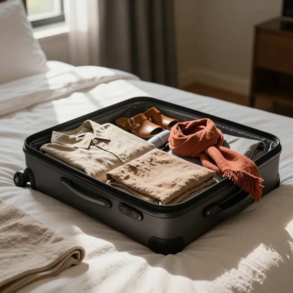 Valigia aperta su letto d’hotel con abiti piegati e accessori per partire