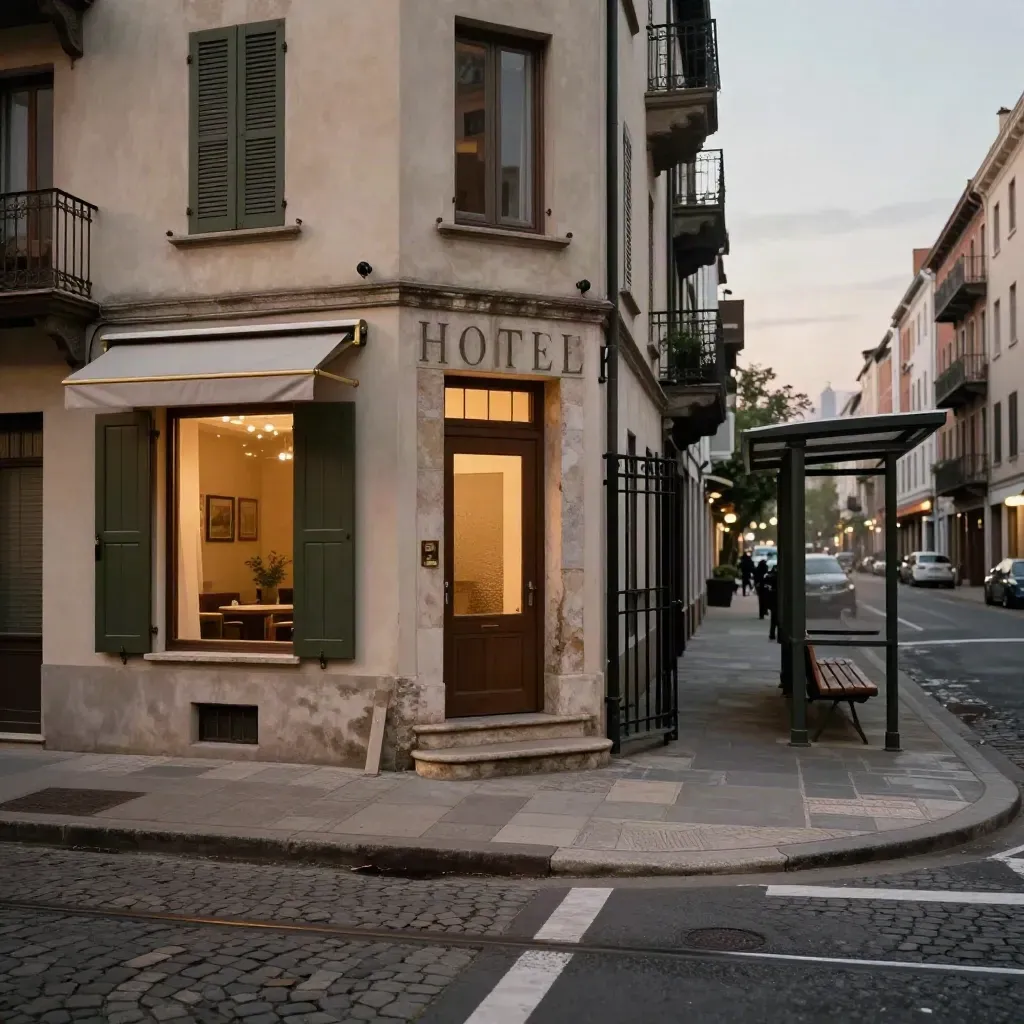 Blocco cittadino al tramonto con hotel boutique, ingresso appartamento, guesthouse e fermata del tram.