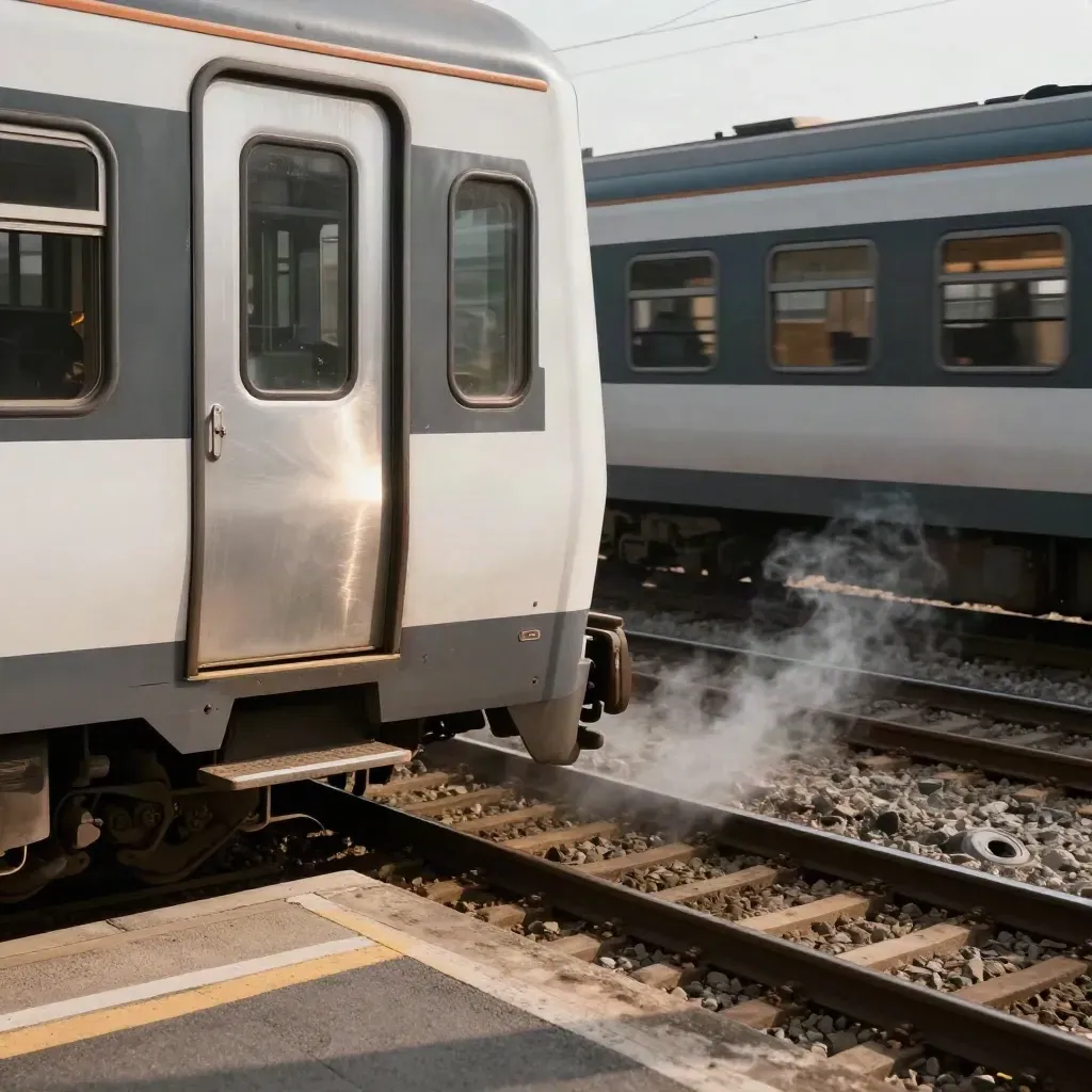 Binari in stazione con un treno che parte e un altro in attesa, vapore e tensione