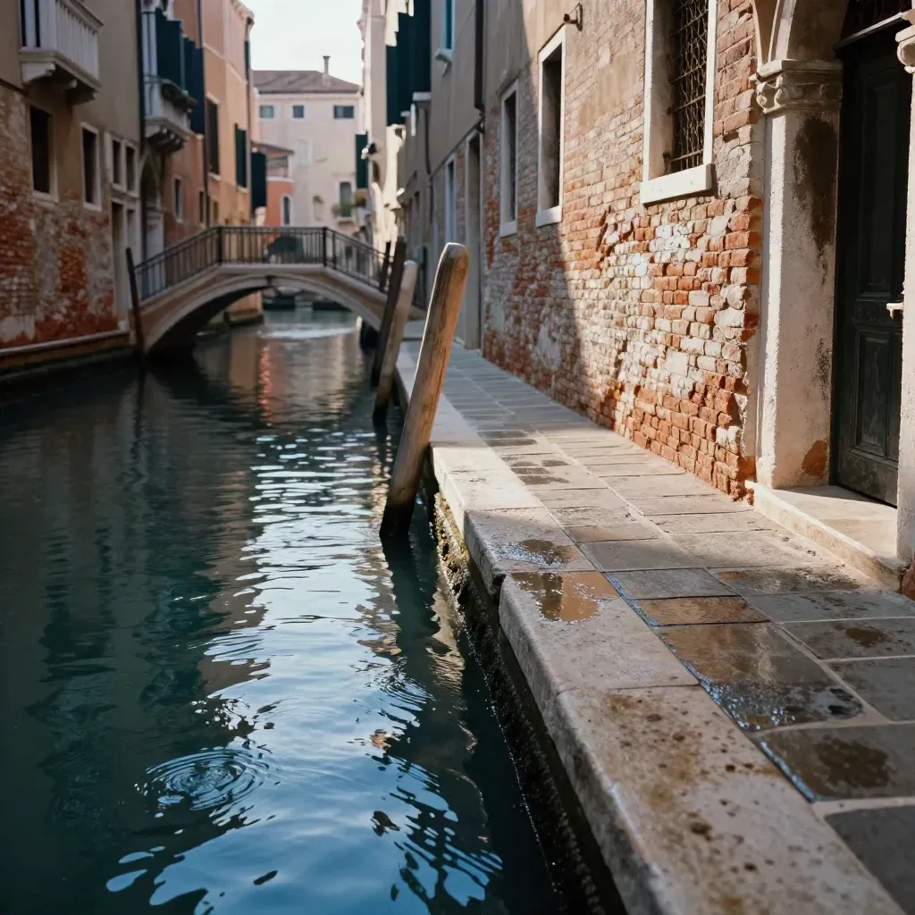 Calle veneziana stretta con acqua alta, ponte e riflessi al tramonto.
