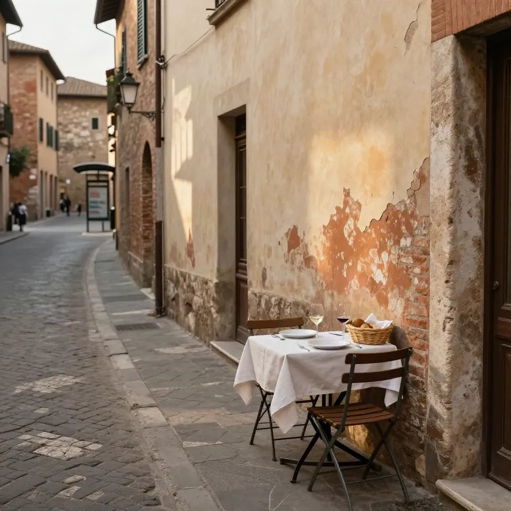 Vicolo in salita a Siena con tavolo per il pranzo e fermata bus sullo sfondo