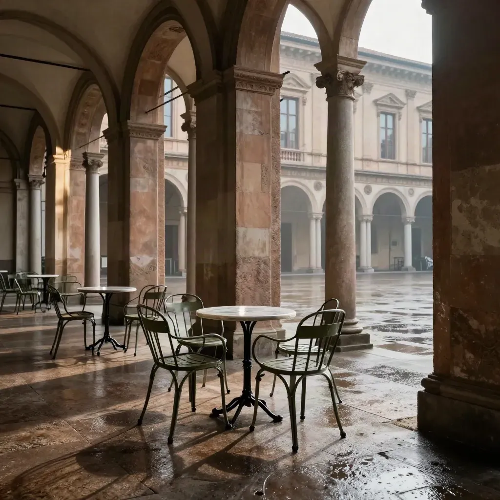 Portici torinesi bagnati con sedie da caffè e facciata museale in ombra.