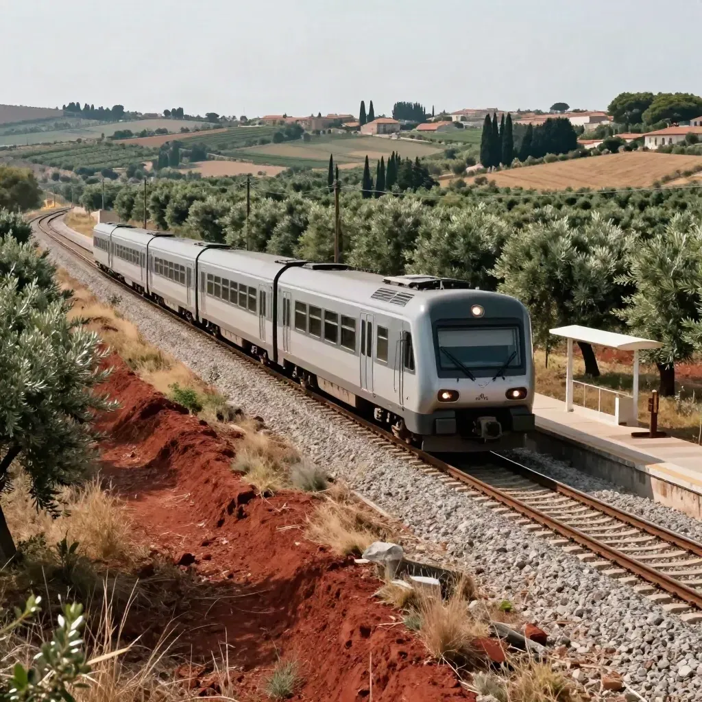 Treno regionale in Puglia tra ulivi, pensilina bianca e terrapieno rosso, con luce calda.