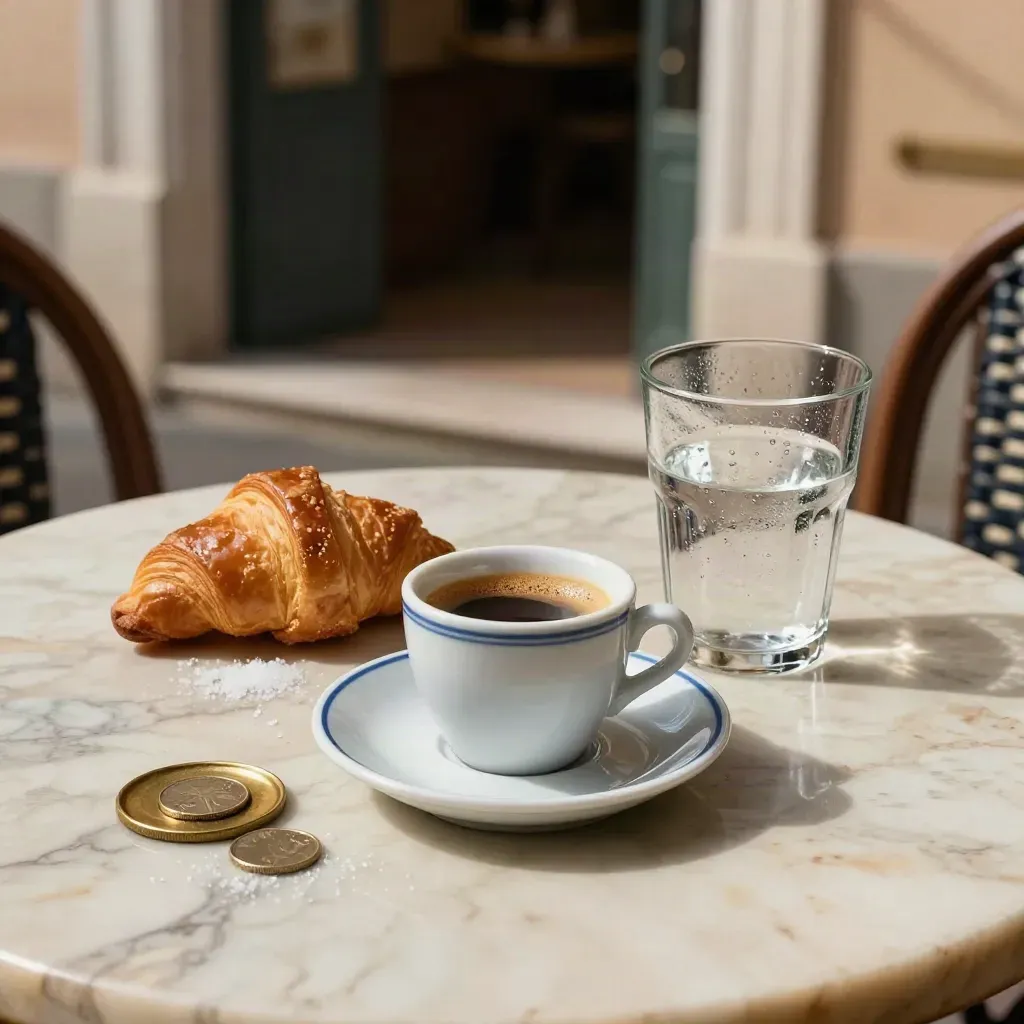 Tavolino romano con espresso, cornetto, acqua e monetina davanti a un ingresso assolato.