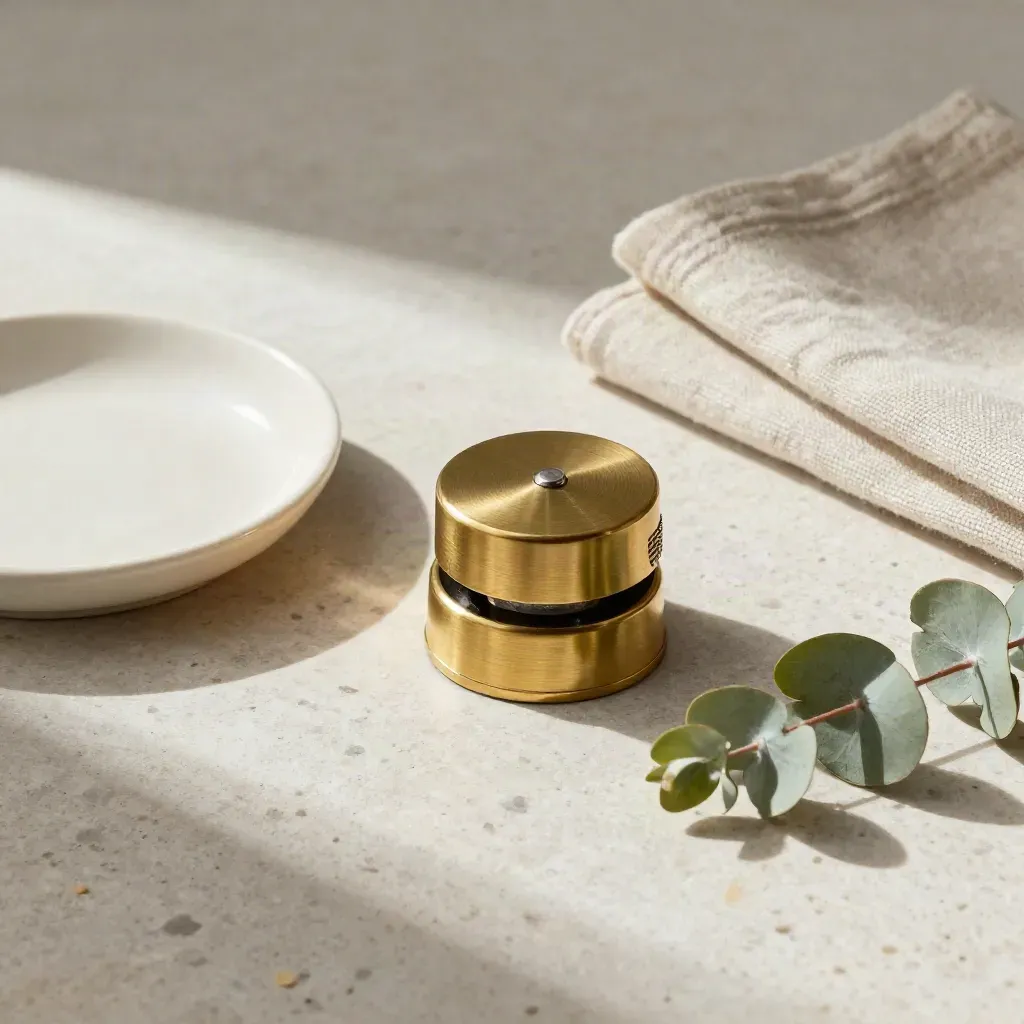 Allestimento flat lay con allarme fermaporta in ottone, piattino in ceramica e lino su pietra chiara.
