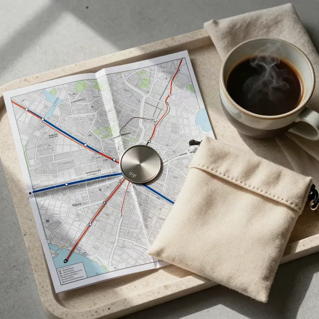 Mappa piegata, gettone metallico, pochette in tela e tazza di caffè su vassoio di pietra.