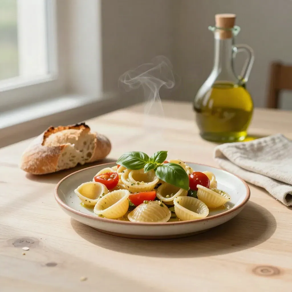 Piatto di orecchiette con pomodorini, basilico, pane e olio su legno chiaro