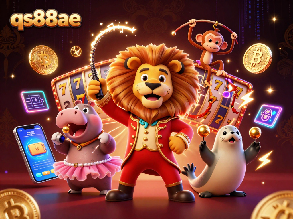 Experience thrilling games at qs88ae, featuring a vibrant circus scene with iconic casino elements.