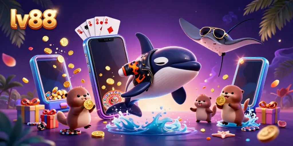 lv88 animated scene showcasing casino elements with engaging characters celebrating wins
