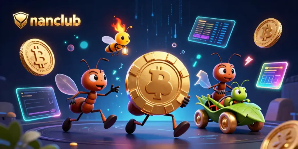 Engage in thrilling gameplay with manclub, featuring a heist by animated ants and crypto coins in an exciting casino scene.