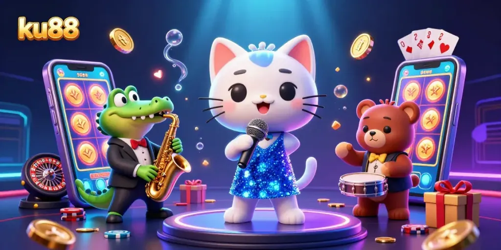 Engage in thrilling slots at ku88 with a lively jazz-singer cat, crocodile, and bear in a vibrant casino scene.