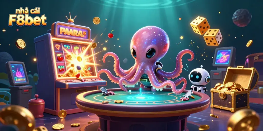 Engage in thrilling casino games with Nhà cái F8bet featuring an alien octopus and robot at a holographic poker table.