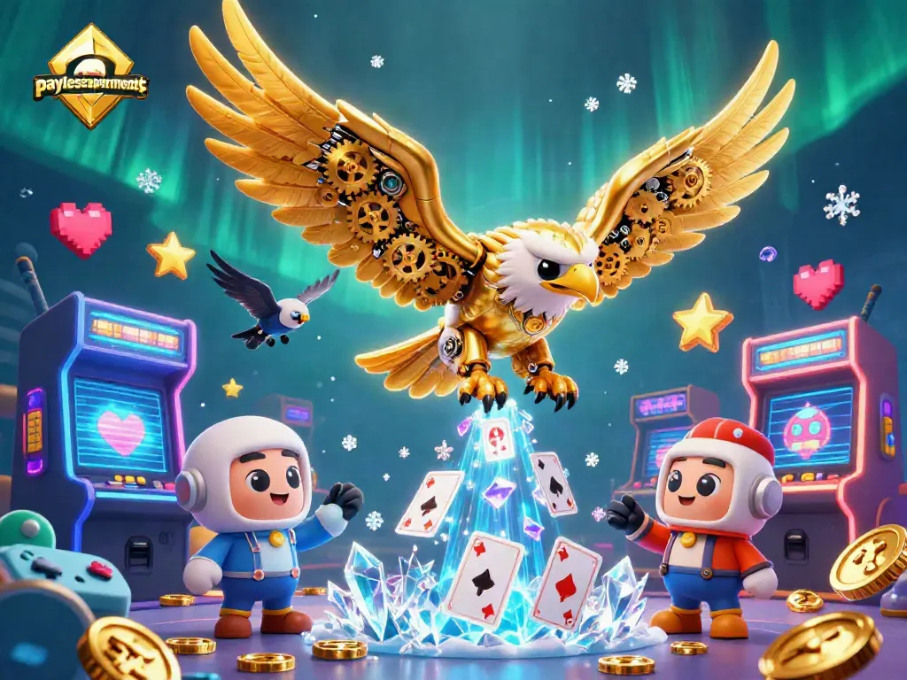 Experience the thrill of gaming with paylessapartments as a cybernetic eagle dives through casino-themed holographic cards.