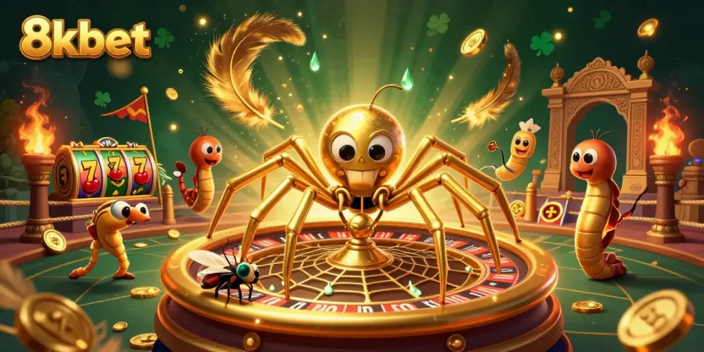 Engage in thrilling gaming at 8xbet with a dynamic scene featuring a spider and croupier.