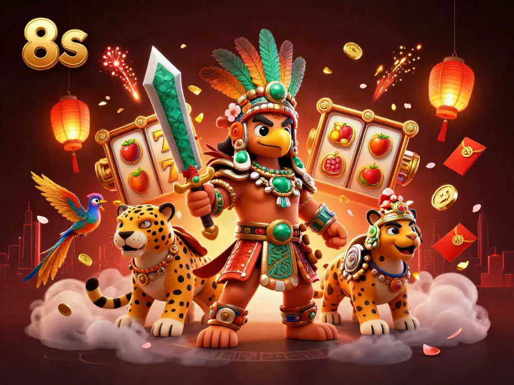 Engage with the dynamic action of 8 S in a vibrant casino scene featuring Aztec warriors.
