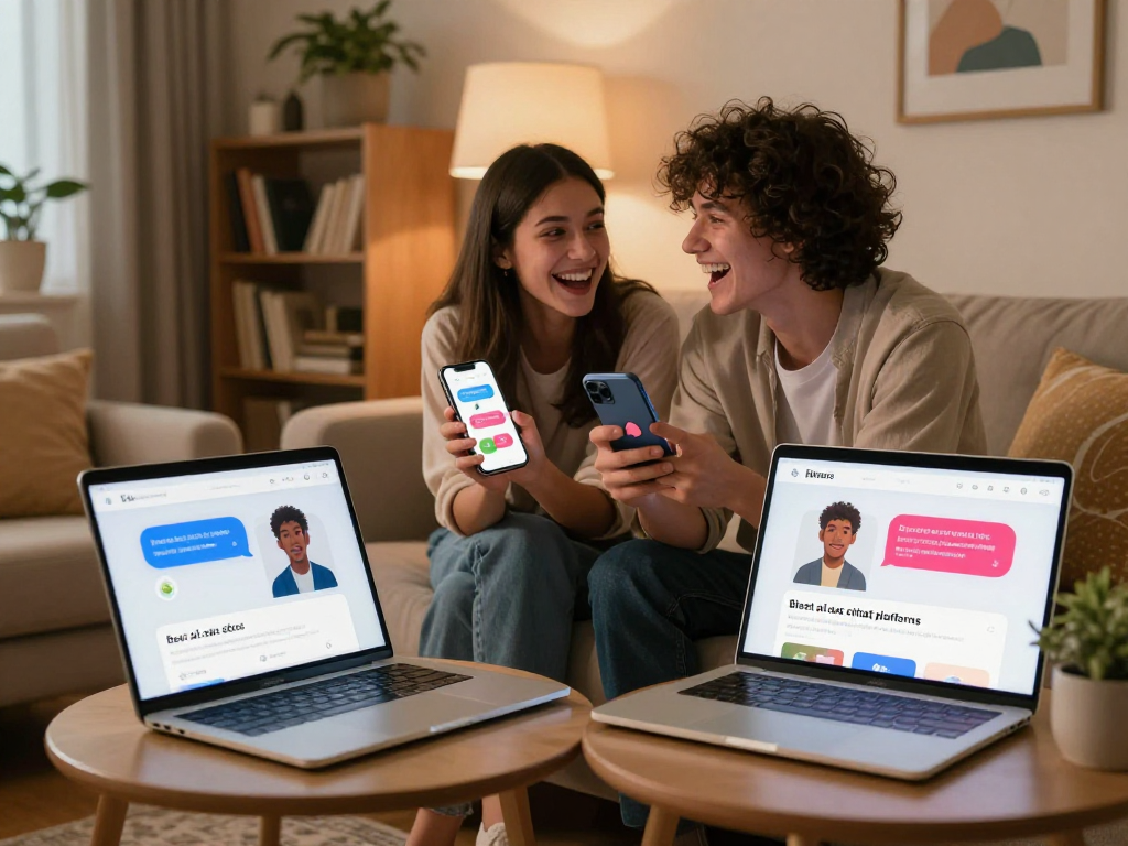 Couple enjoying ai sex chat in cozy living room, vibrant app interface visible.