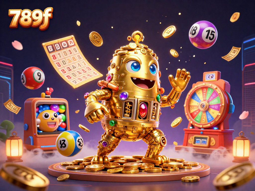 Experience the thrill of winning at 789f, featuring vibrant casino elements and a golden golem amidst dynamic prize displays.