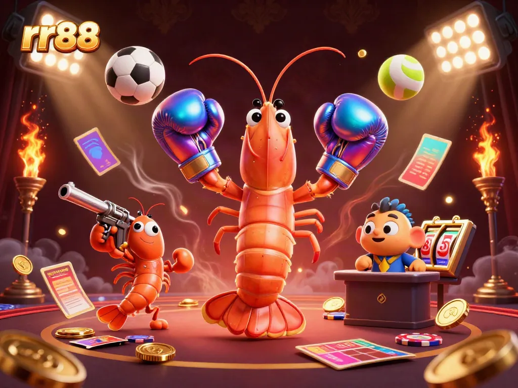 Experience exciting wins at rr88 with vibrant characters in a dynamic casino scene featuring games and sports.