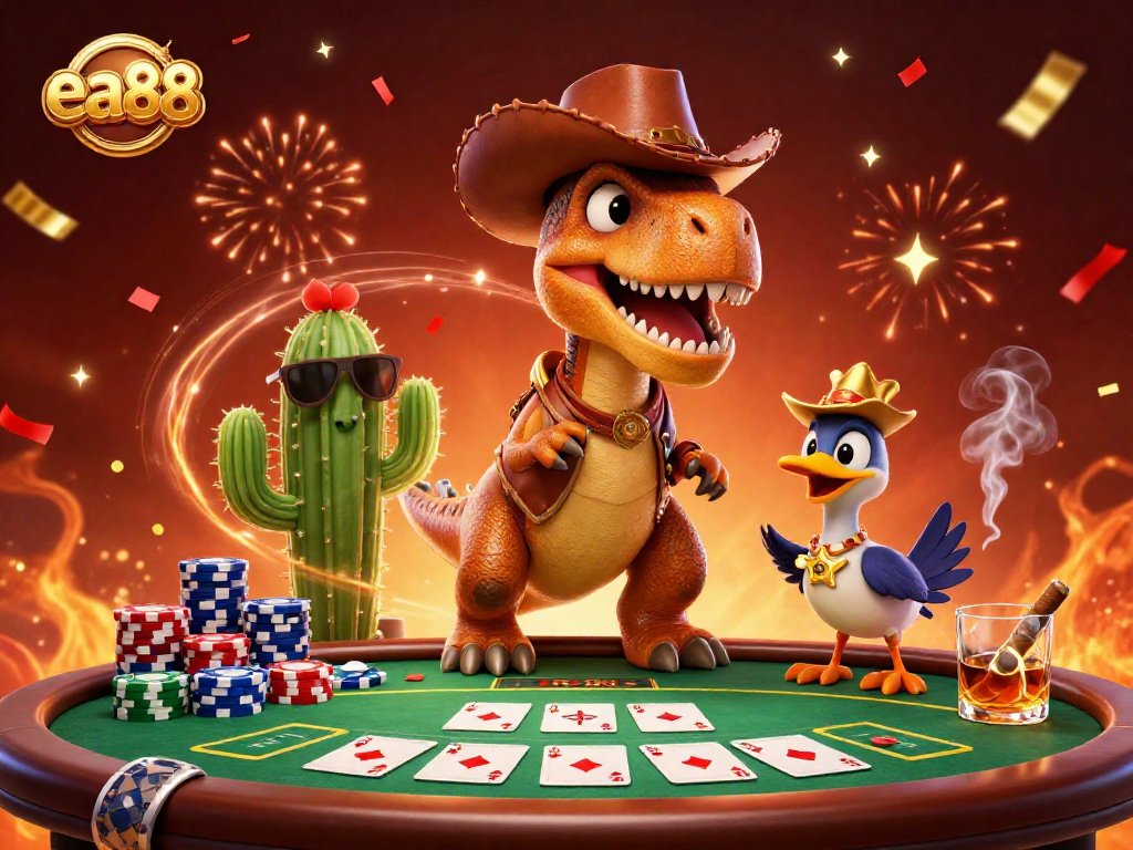 Experience exhilarating wins at ea88 with a dynamic 3D illustration of a cowboy dinosaur at a casino poker table.