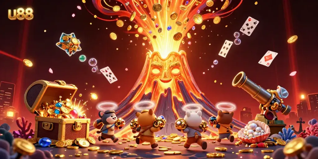 Engage in thrilling gold-winning adventures at u88, with vibrant casino graphics of a golden volcano erupting treasure.