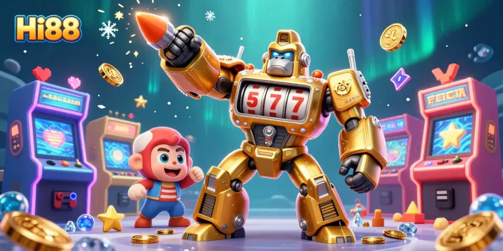 Experience Hi88's thrilling gameplay with a dynamic golden gorilla mech illustration surrounded by casino elements.