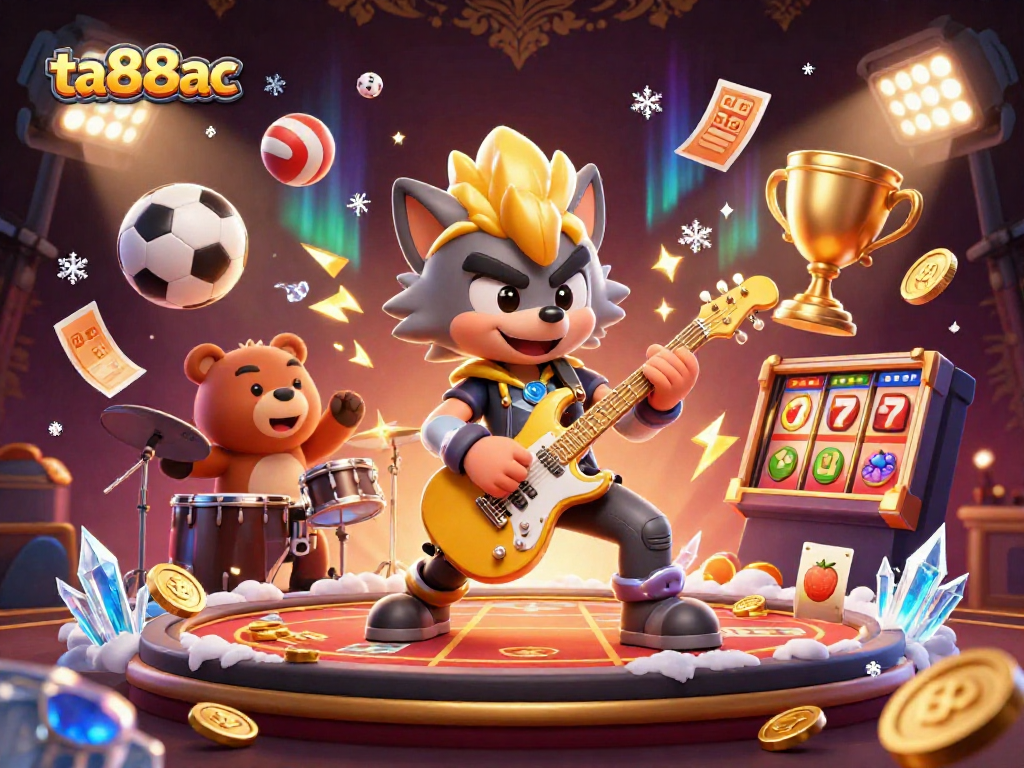 Experience the excitement of ta88ac with a vibrant 3D illustration featuring a rock star wolf and dynamic casino elements.
