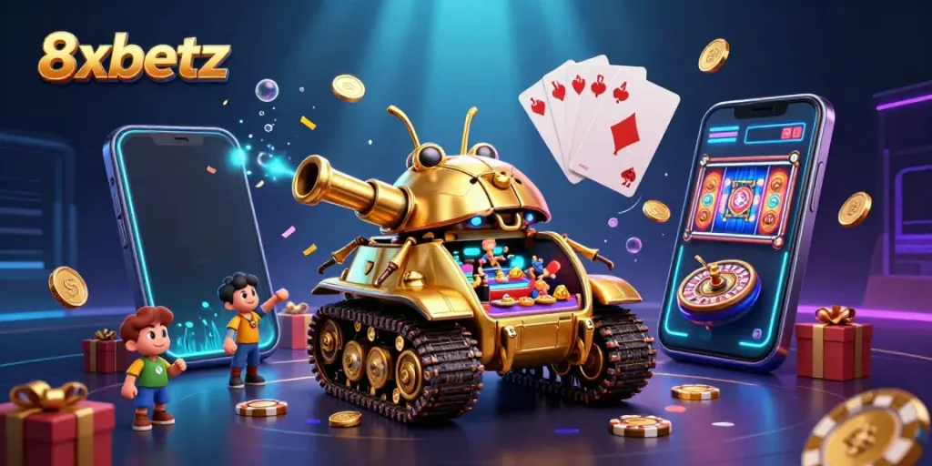 Experience the vibrant gaming action at 8xbetz with an ultra-detailed 3D casino illustration showcasing dynamic gaming elements and a vibrant atmosphere.