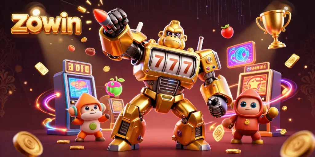 Zowin casino themed illustration featuring a golden gorilla mech with a slot machine chest, surrounded by dynamic game elements.
