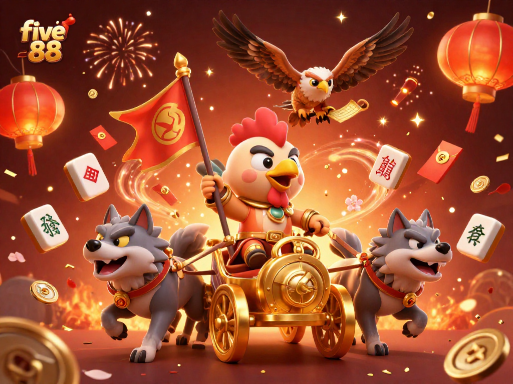 Bet and win at five 88 with a thrilling 3D illustration showcasing dynamic gambling elements and vibrant characters.