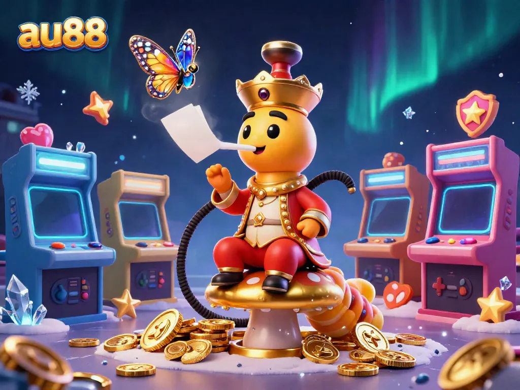 Experience the magic of au88 with a whimsical 3D illustration of a caterpillar hookah-master in a vibrant casino setting.