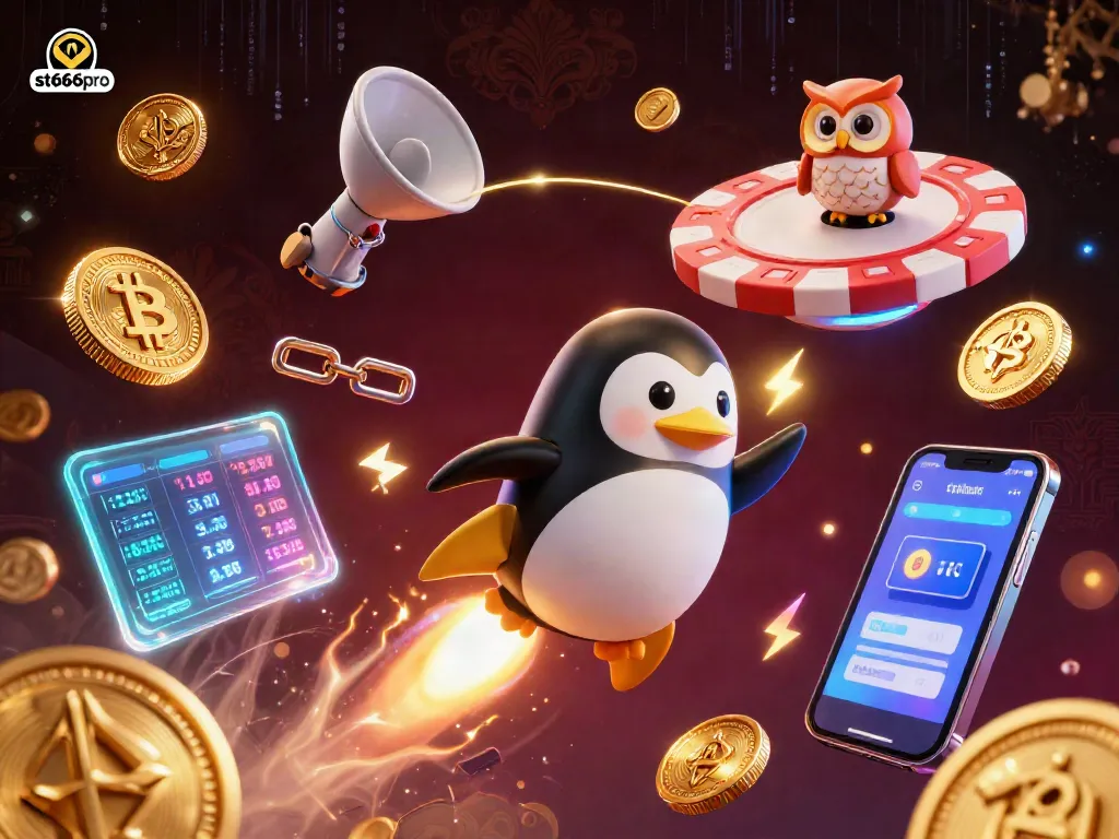 Play at st666pro with a golden penguin racing towards a casino space station amid glowing crypto coins.