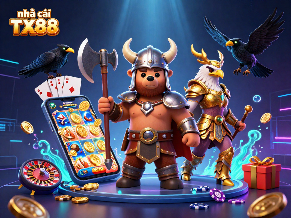 Engage with nhà cái TX88 through this colorful depiction of a Viking berserker and Valkyrie eagle in a vibrant casino scene.