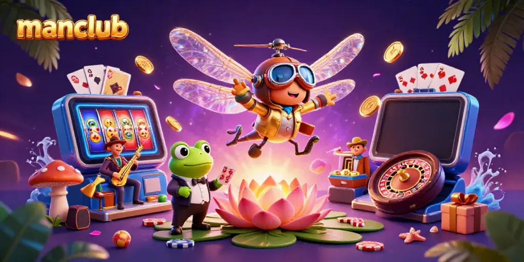 Play exciting games at Manclub casino with vibrant dragonfly pilot and frog dealer in this dynamic scene.