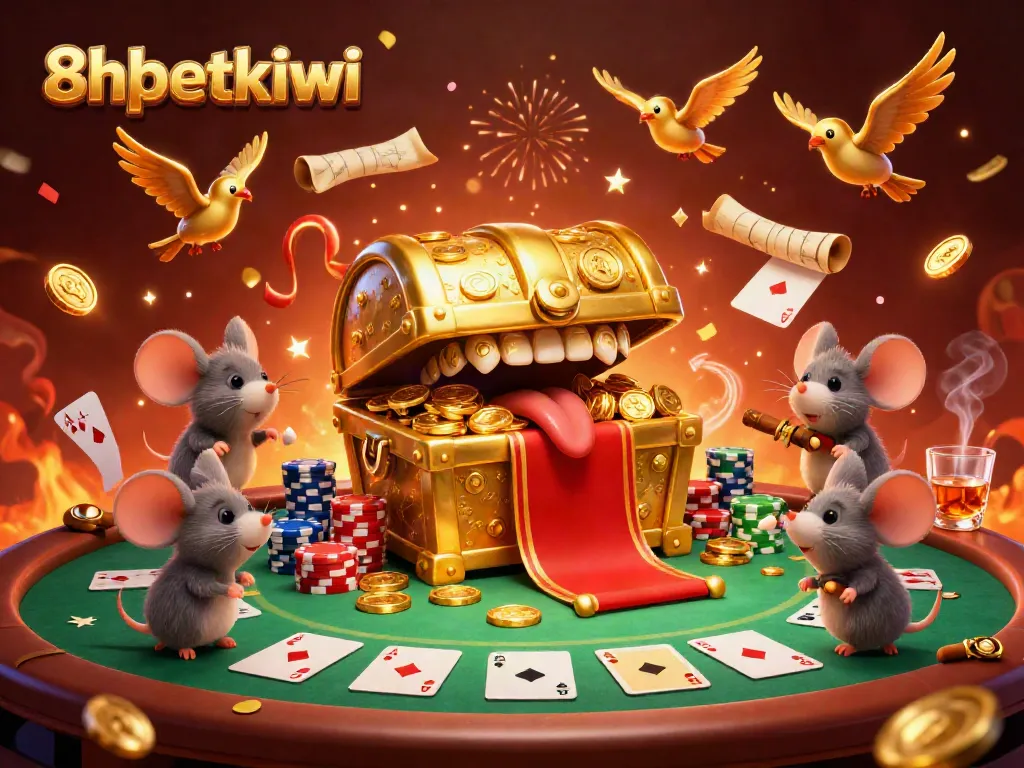 Engage with thrilling gaming at 8xbetkiwi, featuring animated treasure chests and poker elements.
