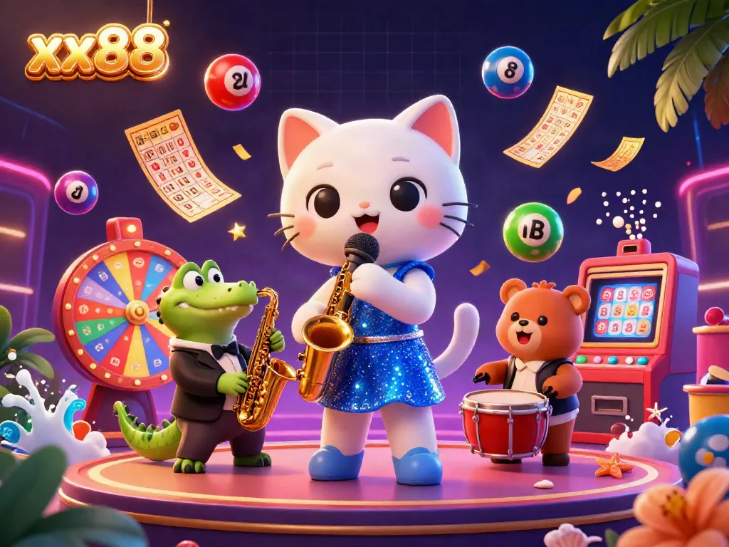 Experience the excitement of xx88 with dynamic characters and vibrant casino elements in this lively illustration.