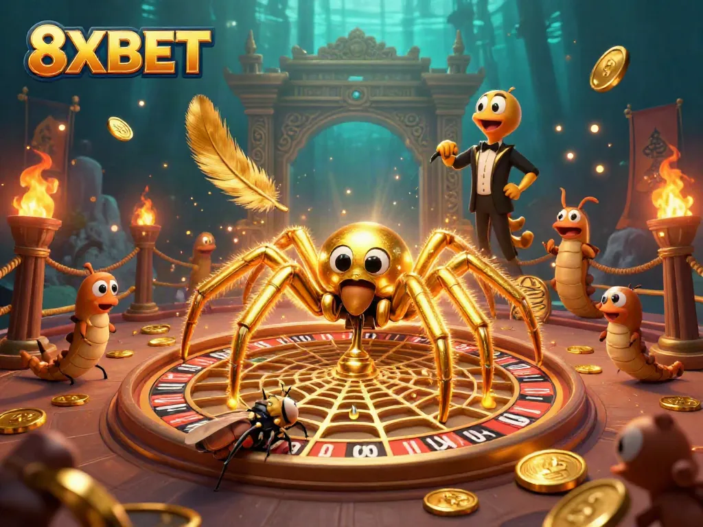 Experience the thrill of 8XBET with a golden spider spinning betting webs in a vibrant casino scene.