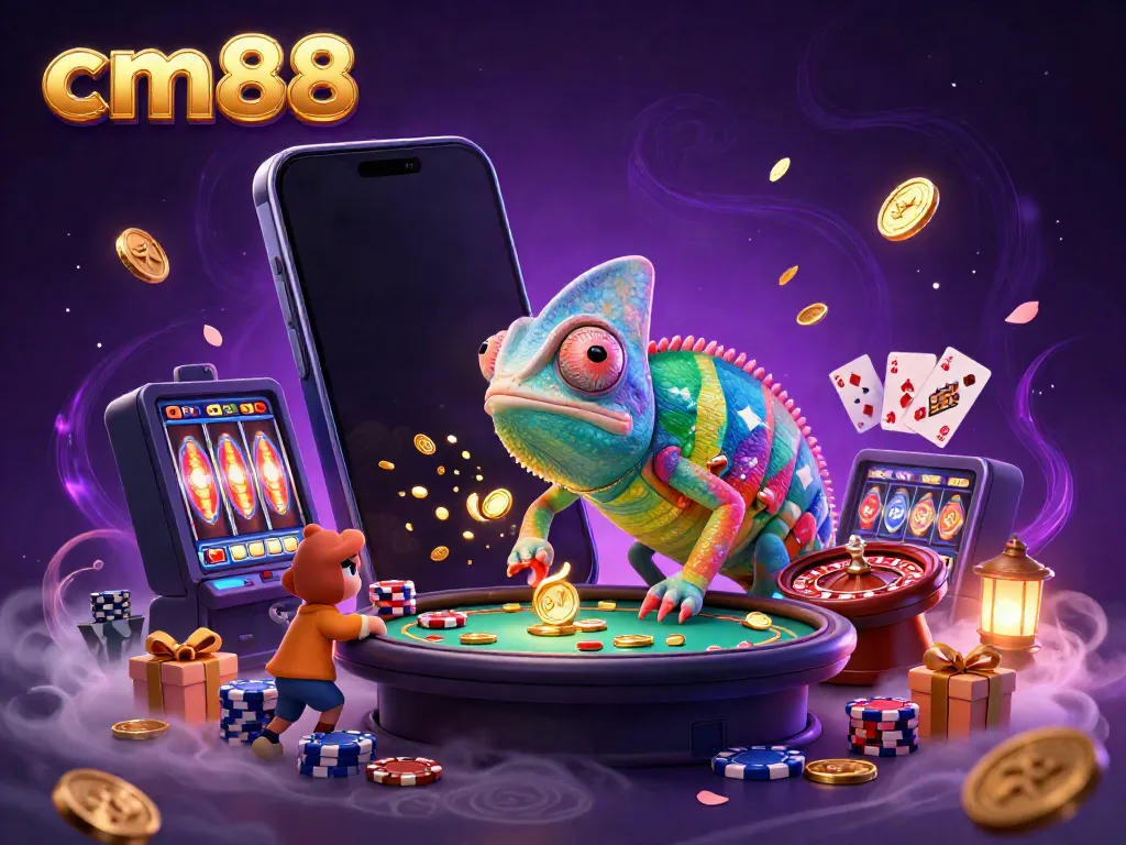 Engage with cm88’s vibrant casino experience featuring a colorful chameleon and dynamic gaming elements in action.